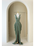 Timeless Sheath V Neck Green Slit Long Prom Dresses Inspiration Party Dress Prom Gowns HZ0311