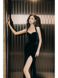 Vintage Mermaid Halter Dark Green Velvet Slit Prom Dresses Formal Dress 18th Birthday Outfits Prom Gown HZ0311