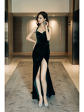 Vintage Mermaid Halter Dark Green Velvet Slit Prom Dresses Formal Dress 18th Birthday Outfits Prom Gown HZ0311