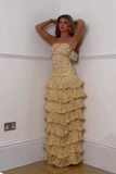 Modest Sheath Strapless Yellow Chiffon Floral Long Prom Dresses Party Dress 22th Birthday Outfits Graduation Dress HZ0311