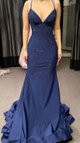 Modest Trendy Mermaid Spaghetti Straps Navy Blue Sequins Prom Dresses Style Long Senior High School Dance Party Dress HZ0311