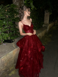Chic Ball Gown Spaghetti Straps Navy Blue Tulle Long Prom Dresses Inspiration Party Dress Prom Gowns HZ0311