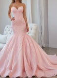 Unique Mermaid Sweetheart Pink Lace Prom Dresses Long Party Dress Birthday Outfits Prom Gown HZ0311