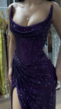 Unique Mermaid Strapless Dark Purple Sequin Split Prom Dresses Long Party Dress Birthday Outfits Prom Gown HZ0311