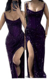 Unique Mermaid Strapless Dark Purple Sequin Split Prom Dresses Long Party Dress Birthday Outfits Prom Gown HZ0311