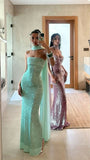 Shinning Mermaid Strapless Green Sequin Prom Dresses Party Dress 18th Birthday Outfits Graduation Dress HZ0311