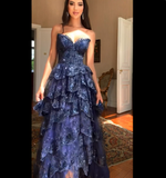 Special A Line Sweetheart Dark Navy Blue Lace Sequin Sleeveless Long Prom Dresses Inspo Prom Gown HZ0311