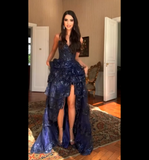 Special A Line Sweetheart Dark Navy Blue Lace Sequin Sleeveless Long Prom Dresses Inspo Prom Gown HZ0311