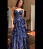 Special A Line Sweetheart Dark Navy Blue Lace Sequin Sleeveless Long Prom Dresses Inspo Prom Gown HZ0311