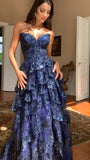 Special A Line Sweetheart Dark Navy Blue Lace Sequin Sleeveless Long Prom Dresses Inspo Prom Gown HZ0311