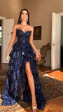 Special A Line Sweetheart Dark Navy Blue Lace Sequin Sleeveless Long Prom Dresses Inspo Prom Gown HZ0311