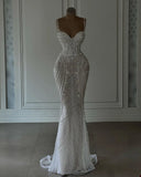 Sparkly Mermaid Spaghetti Straps White Sequin Beaded Wedding Dress Long Bridal Gown Wedding Dresses HZ0311
