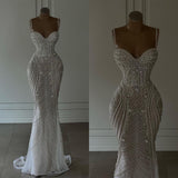 Sparkly Mermaid Spaghetti Straps White Sequin Beaded Wedding Dress Long Bridal Gown Wedding Dresses HZ0311
