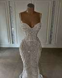 Sparkly Mermaid Spaghetti Straps White Sequin Beaded Wedding Dress Long Bridal Gown Wedding Dresses HZ0311