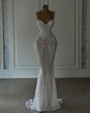 Sparkly Mermaid Spaghetti Straps White Sequin Beaded Wedding Dress Long Bridal Gown Wedding Dresses HZ0311