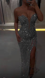 Gorgeous Mermaid Sweetheart Blue Slit Sequins Beaded Bodice Prom Dresses Long Formal Party Gown HZ0311