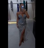 Gorgeous Mermaid Sweetheart Blue Slit Sequins Beaded Bodice Prom Dresses Long Formal Party Gown HZ0311