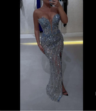 Gorgeous Mermaid Sweetheart Blue Slit Sequins Beaded Bodice Prom Dresses Long Formal Party Gown HZ0311