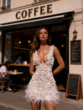 Sparkly Sheath V Neck White Feathers Beaded Wedding Dress Short Bridal Gown Wedding Dresses HZ0311