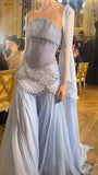 Pretty Mermaid Strapless Maxi Long Party Yellow Chiffon Prom Dresses Evening Dress HZ0311
