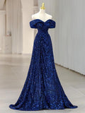 Charming Mermaid Off The Shoulder Royal Blue Sequin Prom Dresses Long Party Dress 21st Birthday Outfits Graduation Dress HZ0311