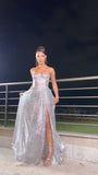 Simple A Line Spaghetti Straps White Sequin Slit Prom Dresses Impress Sweet 16 Birthday Outfits Prom Gown HZ0311