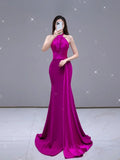 Sexy Mermaid High Neck Fuchsia Satin Long Prom Dresses For Teens Formal Dress Birthday Outfits Prom Gown HZ0311