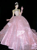 Princess Ball Gown Strapless Pink Sequin Long Prom Dresses Impress 16 Birthday Outfits Prom Gown HZ0311