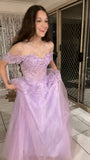 Modest A line Off The Shoulder Lilac Sequin Prom Dresses Long Party Dress 21st Birthday Outfits Graduation Dress HZ0311