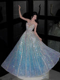 Fairy-tale Ball Gown Strapless Blue Sequin Long Prom Dresses Formal Dress Birthday Outfits Prom Gown HZ0311