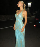 Chic Mermaid Halter Blue Sequins Long Prom Dresses Formal Dress Birthday Outfits Prom Gown HZ0311