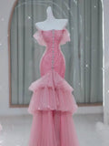 Modest Mermaid Off The Shoulder Pink Tulle Prom Dresses Long Party Dress 18th Birthday Outfits Graduation Dress HZ0311