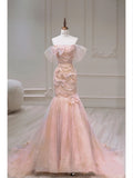 Modest Mermaid Off The Shoulder Blush Pink Tulle Prom Dresses Long Party Dress 21st Birthday Outfits Graduation Dress HZ0311