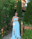 Modest A line Sweetheart Blue Chiffon Prom Dresses Long Party Dress 18th Birthday Outfits Graduation Dress HZ0311