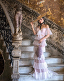 Chic Sheath Off The Shoulder Tulle Pink Prom Dresses Formal Dress Birthday Outfits Prom Gown HZ0311