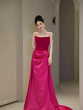 Pretty Sheath Strapless Fuchsia Senior Aesthetic Prom Dresses Satin Prom Gowns Formal Outfits Graduation Dress HZ0311