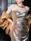Shinning Mermaid Sweetheart Sequin Gold Prom Dresses Formal Dress 18th Birthday Outfits Prom Gown HZ0311