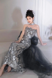 Shinning Mermaid Strapless Sequin Silver Prom Dresses Formal Dress 18th Birthday Outfits Prom Gown HZ0311