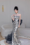 Shinning Mermaid Strapless Sequin Silver Prom Dresses Formal Dress 18th Birthday Outfits Prom Gown HZ0311