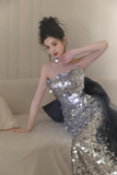 Shinning Mermaid Strapless Sequin Silver Prom Dresses Formal Dress 18th Birthday Outfits Prom Gown HZ0311