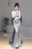 Shinning Mermaid Strapless Sequin Silver Prom Dresses Formal Dress 18th Birthday Outfits Prom Gown HZ0311
