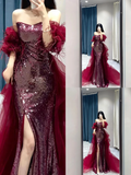 Shinning Mermaid Strapless Sequin Burgundy Slit Prom Dresses Formal Dress 18th Birthday Outfits Prom Gown HZ0311