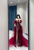 Shinning Mermaid Strapless Sequin Burgundy Slit Prom Dresses Formal Dress 18th Birthday Outfits Prom Gown HZ0311