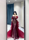 Shinning Mermaid Strapless Sequin Burgundy Slit Prom Dresses Formal Dress 18th Birthday Outfits Prom Gown HZ0311