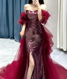Shinning Mermaid Strapless Sequin Burgundy Slit Prom Dresses Formal Dress 18th Birthday Outfits Prom Gown HZ0311