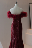 Classy Mermaid Off The Shoulder Burgundy Sequin Prom Dresses Formal Dress 18th Birthday Outfits Prom Gown HZ0311