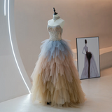 Charming Ball Gown Strapless Champagne Tulle With Silver Beaded Long Quinceanera Dress Sweet 15 16 Dresses HZ0311