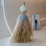 Charming Ball Gown Strapless Champagne Tulle With Silver Beaded Long Quinceanera Dress Sweet 15 16 Dresses HZ0311