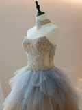 Charming Ball Gown Strapless Champagne Tulle With Silver Beaded Long Quinceanera Dress Sweet 15 16 Dresses HZ0311