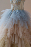 Charming Ball Gown Strapless Champagne Tulle With Silver Beaded Long Quinceanera Dress Sweet 15 16 Dresses HZ0311